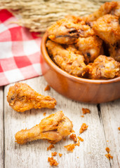 Fried crispy chicken wings on a wood table