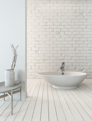 Obraz na płótnie Canvas Tub and table in bathroom with brick wall