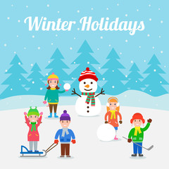 winter holidays. happy children with snowman
