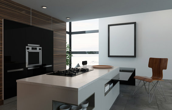 3D render of stove, oven and kitchen counter