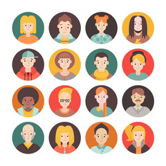 People flat circle icon vector set (men and women). Part one.