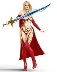 Young beautiful woman warrior red sexy dress snakeskin. Blonde bright makeup holding powerful sword. Girl standing candid provocative aggressive pose. Photorealistic 3D rendering isolate illustration.
