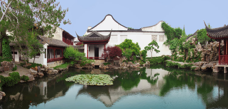 Wide panoramic picture of "Master of the nets" chinese garden in Suzhou, near Shanghai