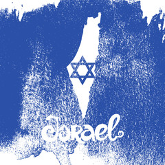 Israel. Grunge blue vector background with lettering and map.
