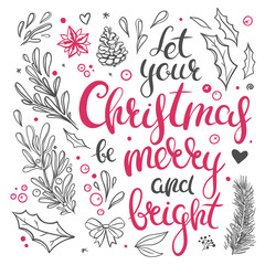 Christmas cliparts isolated on white. Vector Christmas floral decorations and hand drawn lettering. Christmas decorative set of festive objects isolated on white.