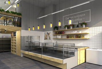 3d visualization of food store with a cafe inside. Public interior in the loft style.