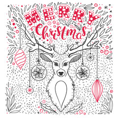Cute Christmas card with deer and hand drawn lettering. Vector Merry Christmas card with seasonal greetings and decorative elements.