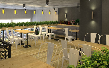 3d visualization of food store with a cafe inside. Public interior in the loft style.