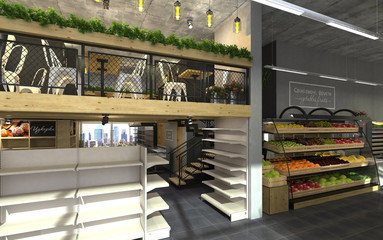 3d visualization of food store with a cafe inside. Public interior in the loft style.
