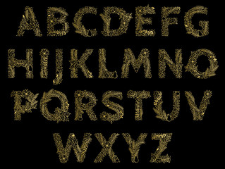 Christmas or Winter Themed Floral Alphabet in Gold Foil Style - Vector