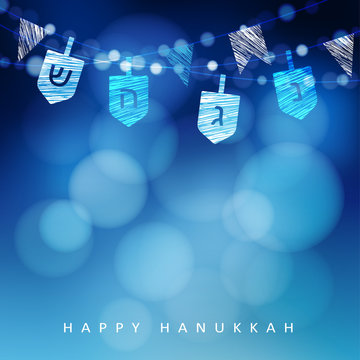 Hanukkah blue background with string of light and dreidels. Festive party decoration. Modern blurred vector illustration.