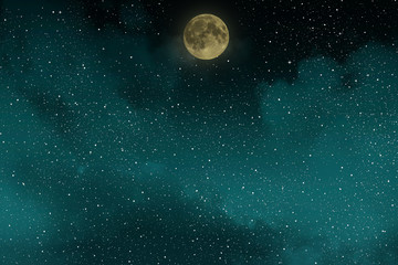 Fototapeta na wymiar Beautiful blue night starry sky with full moon and clouds