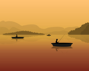 silhouette of fishermen in a boat with fishing rods in the water. landscape with mountains, forest and sunset.