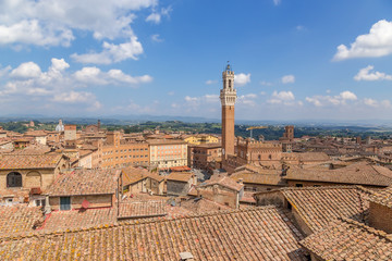 Fototapeta na wymiar Siena, Italy. Torre del Mangia Tower (1348) in Piazza del Campo Square