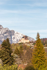 Fototapeta na wymiar Château de Menthon et montagne des Alpes