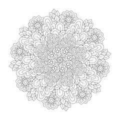 Round element for coloring book. Black and white floral pattern. Mandala.