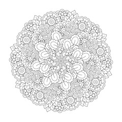 Round element for coloring book. Black and white floral pattern. Mandala.