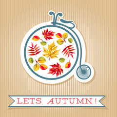 Lets Autumn card. Retro bicycle, colorful autumn leaves and banner with text.