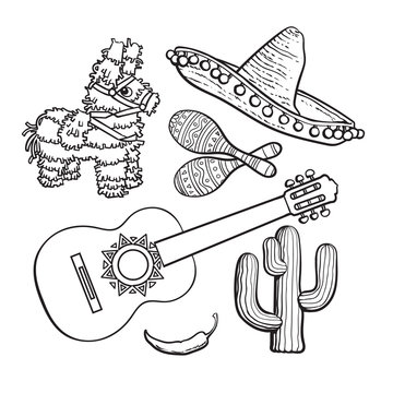 Mexican set - sombrero, pinata, maraca, tequila cactus, chili spanish guitar, black white sketch vector illustration isolated on background. Mexican sombrero, rumba shakers, ornamented pinata, cactus