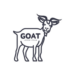 Full length goat outline logo template for meat and dairy products, cartoon vector illustration on white background. Side view goat standing design for dairy, meat, farm products logo design