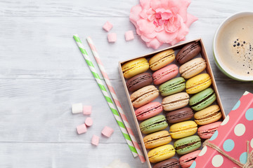 Colorful macaroons in a gift box