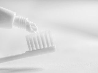 Fototapeta na wymiar Black and white tone of toothbrush and toothpaste. Concepts and ideas for healthy lifestyle.