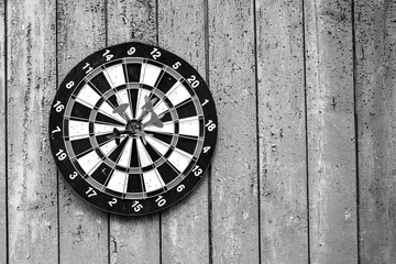 The target on the wall with darts