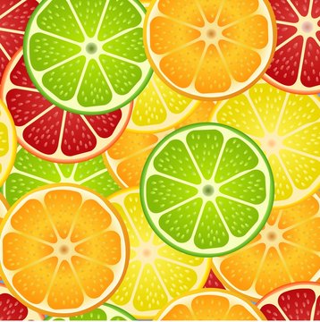 seamless pattern with different slice citruses: grapefruit, lemon, lime, orange. Vector illustration