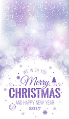 Christmas and New Year typographical on holidays background with snowflakes, light, stars. Vector Illustration. Xmas card