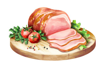 Ham with spices on a plate. Watercolor