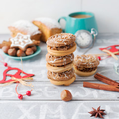 Coffee time with cookies, xmas decor. Cinnamon and nuts, Christm