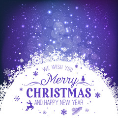 Christmas and New Year typographical on holidays background with snowflakes, light, stars. Vector Illustration. Xmas card