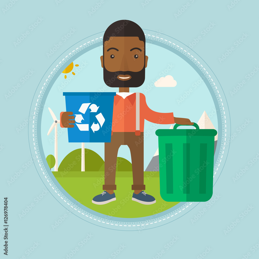 Poster man with recycle bin and trash can.