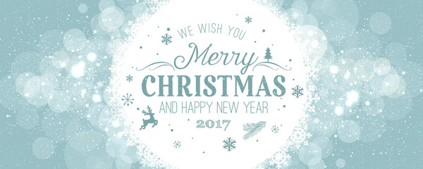 Christmas and New Year typographical on holidays background with snowflakes, light, stars. Vector Illustration. Xmas card