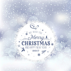 Christmas and New Year typographical on holidays background with snowflakes, light, stars. Vector Illustration. Xmas card