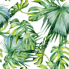 Fototapety  Bezszwowe akwarela ilustracja tropikalnych liści, gęsta dżungla. Malowane ręcznie. Baner z motywem tropikalnym letnim może być używany jako tekstura tła, papier do pakowania, tkanina lub wzór tapety.
