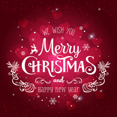 Christmas and New Year typographical on holidays background with snowflakes, light, stars. Vector Illustration. Xmas card