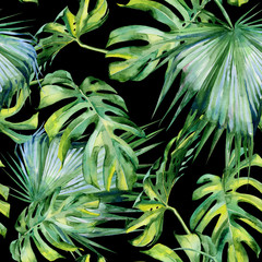 Panele Szklane  Bezszwowe akwarela ilustracja tropikalnych liści, gęsta dżungla. Malowane ręcznie. Baner z motywem tropikalnym letnim może być używany jako tekstura tła, papier do pakowania, tkanina lub wzór tapety.