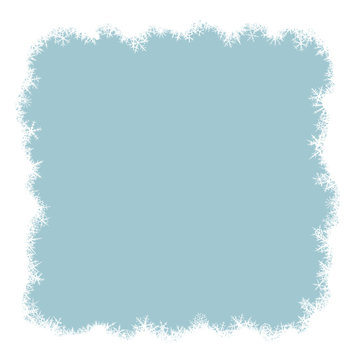 Border from various snowflakes on light blue background.