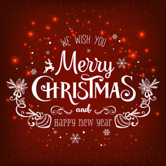 Christmas and New Year typographical on holidays background with snowflakes, light, stars. Vector Illustration. Xmas card