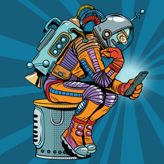 Retro robot astronaut in the thinker pose reads smartphone