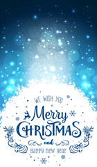 Christmas and New Year typographical on holidays background with snowflakes, light, stars. Vector Illustration. Xmas card