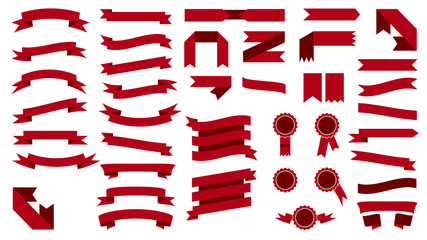 Set of beautiful festive colored red ribbons. Vector illustratio