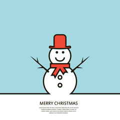 Outline happy snowman.  Minimal Christmas abstract background. Vector illustration.