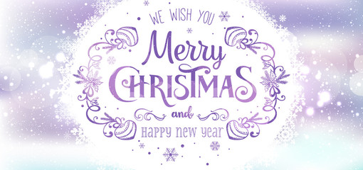 Naklejka na ściany i meble Christmas and New Year typographical on holidays background with snowflakes, light, stars. Vector Illustration. Xmas card