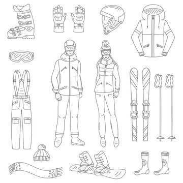 Ski and snowboard icons set , winter sport equipment , snowboard jacket,  board, ski and sticks, boots, goggles, helmet , snowboarder man and woman, isolated hand drawn doodle vector illustration.