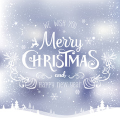 Naklejka na ściany i meble Christmas and New Year typographical on background with winter landscape with snowflakes, light, stars. Xmas card. Vector Illustration