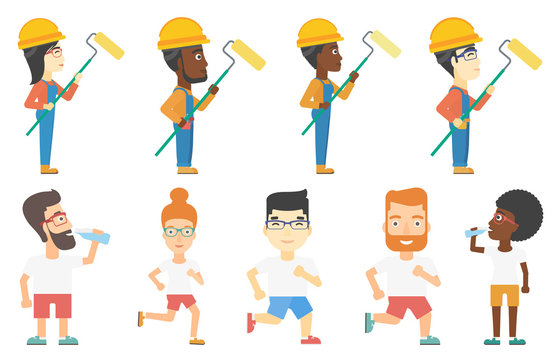 Vector set of builders and sportsmen characters.