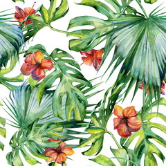 Seamless watercolor illustration of tropical leaves, dense jungle. Hand painted. Banner with tropic summertime motif may be used as background texture, wrapping paper, textile or wallpaper design.