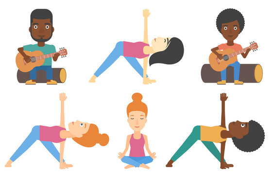 Vector set of tourists and people practicing yoga.